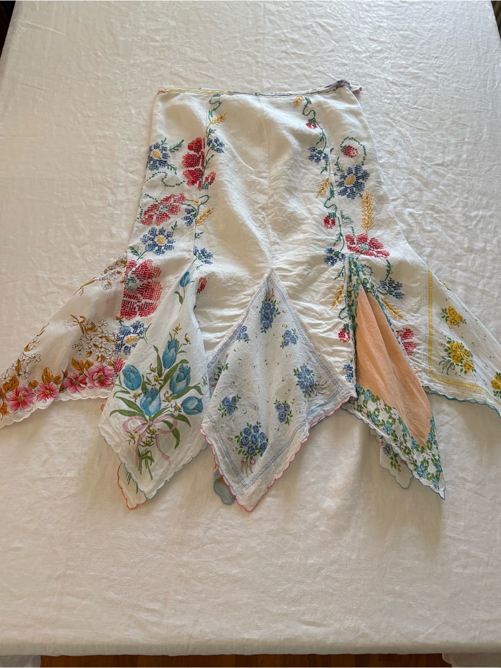 Vintage Handkerchief/Linen Floral Asymmetrical Midi Skirt - White Multicolor - Picture 4 of 9